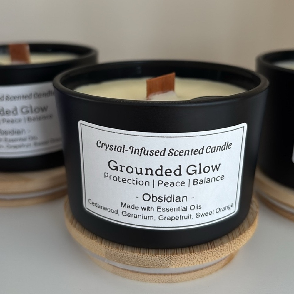 Grounded Glow Crystal-Infused Scented Candle with Obsidian stone.